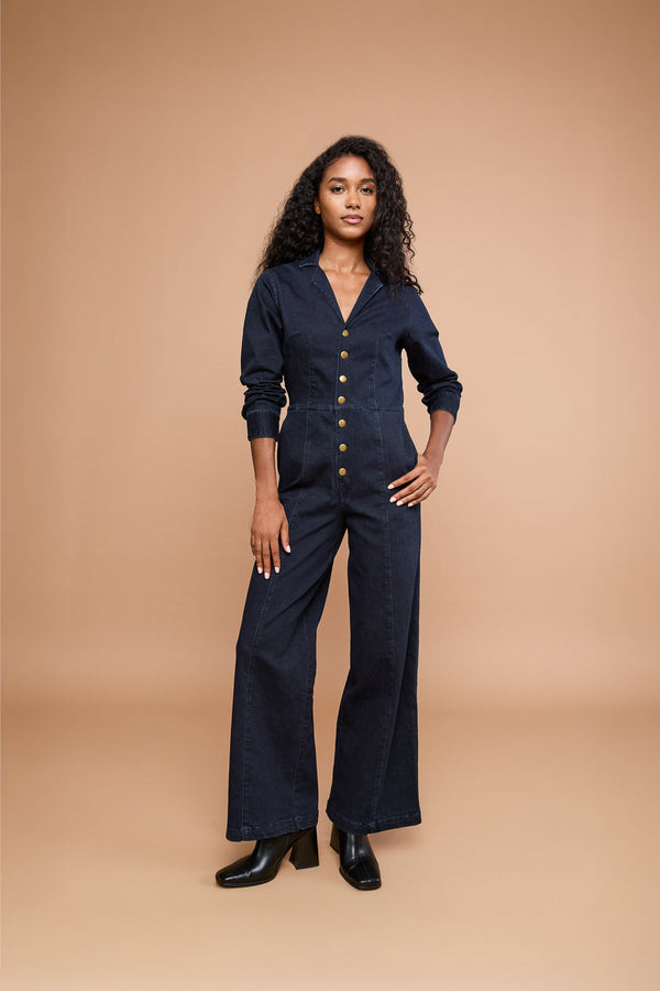 Midnight Denim Long-Sleeve Jumpsuit