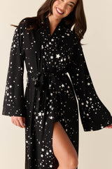 Kaia Cloud Jersey Kimono Robe in Black Stars