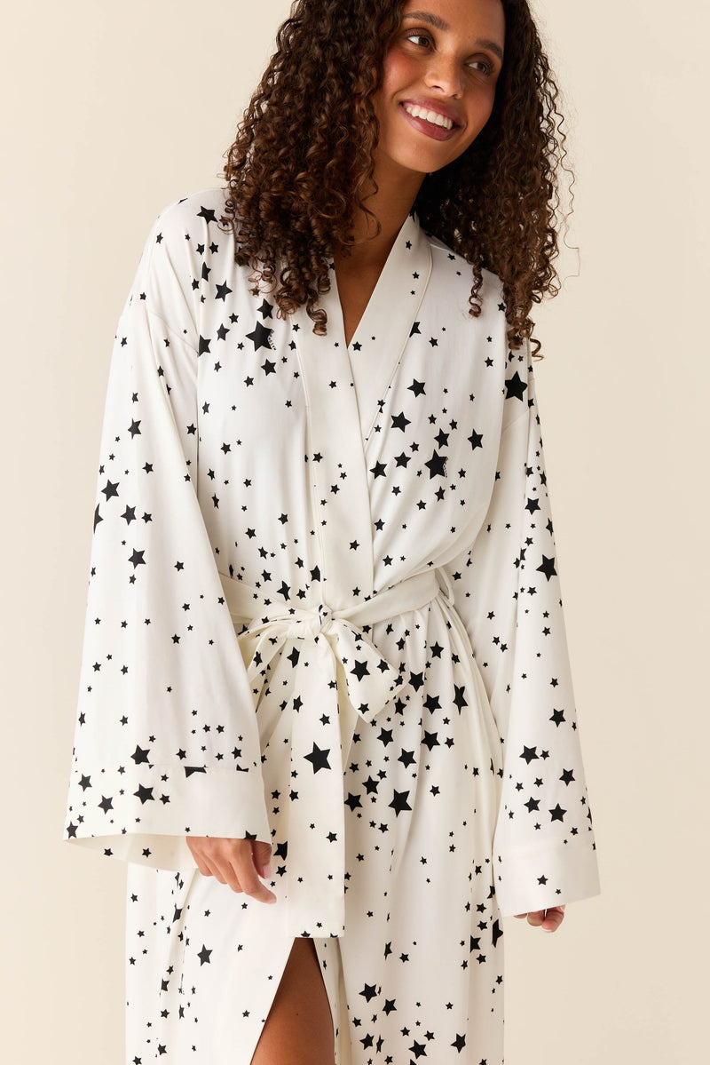 Kaia Cloud Jersey Kimono Robe in White Stars