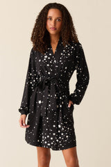 Quinn Cloud Jersey Banded Short Robe in Black Stars