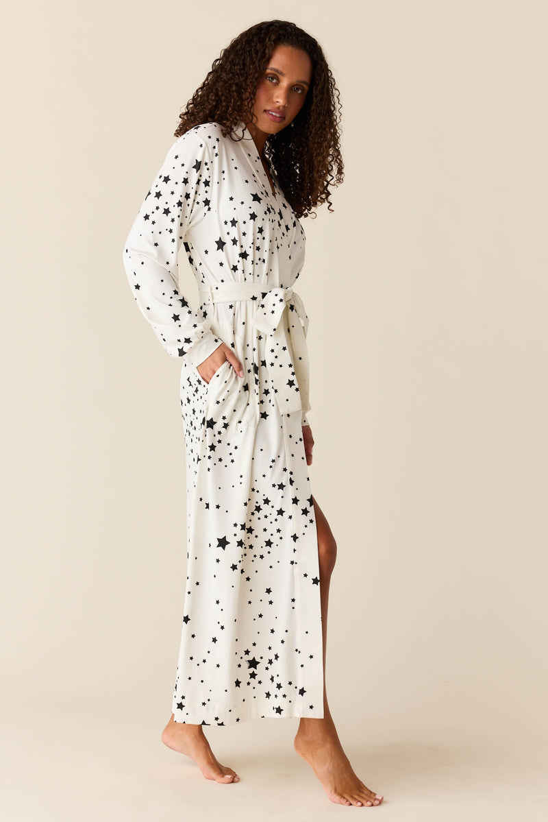 Skyler Cloud Jersey Banded Long Robe in White Stars