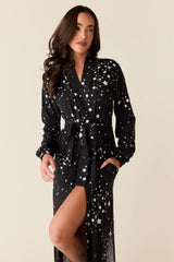 Skyler Cloud Jersey Banded Long Robe in Black Stars