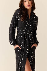 Skyler Cloud Jersey Banded Long Robe in Black Stars