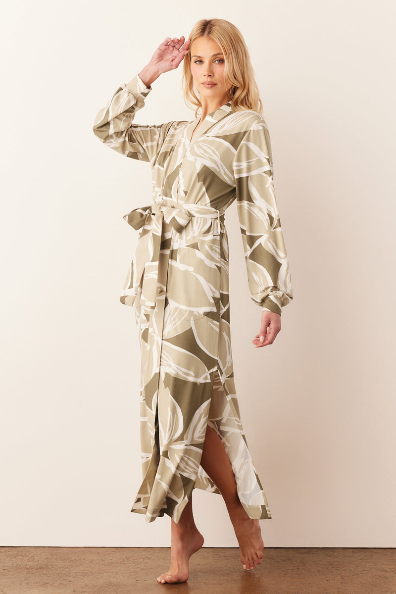 Skyler Cloud Jersey Banded Long Robe in Fern