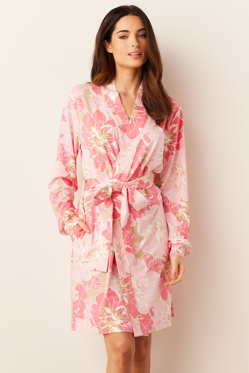 Quinn Cloud Jersey Banded Short Robe in Dahlia